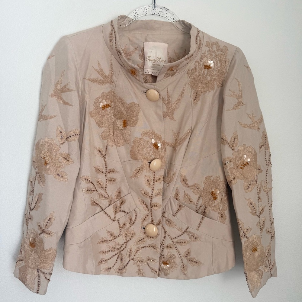 Tracy Reese Neutral Embroidered Sequin 100% Silk Blazer Artsy Casual Floral Sz 4